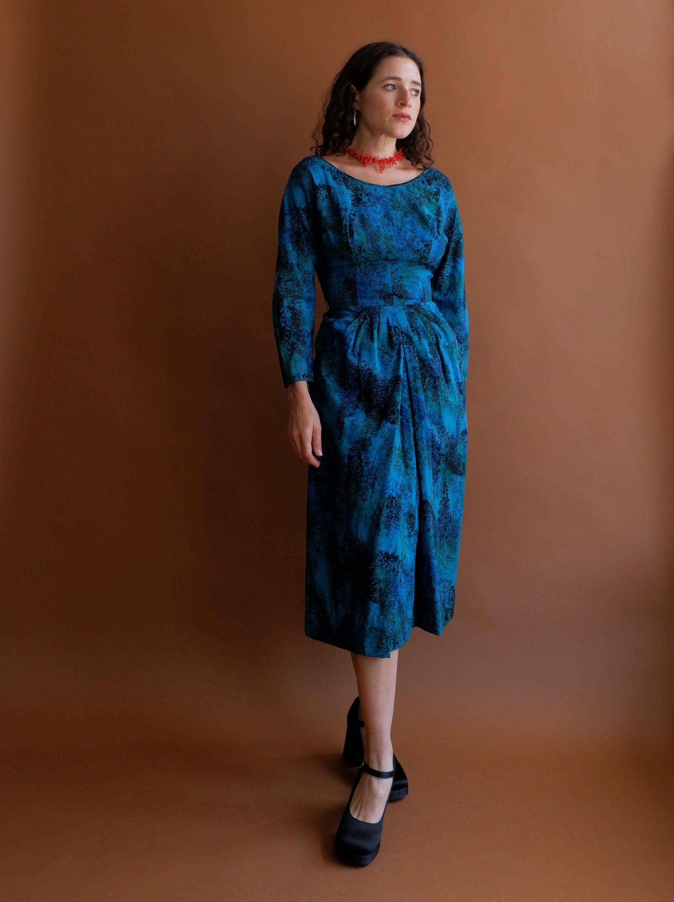 long sleeve 1950s dress Bpmpbo 1950's Dresses for Women Vintage, Gothic Crewneck Long Sleeve Dress, Formal Stretch Slim High Waist Swing Dress, Printed Party Dress