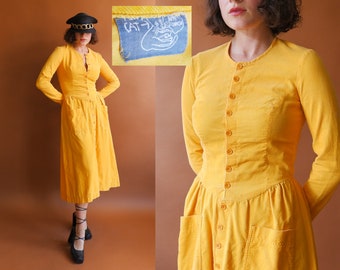 Vintage 70s ALLEY CAT Betsey Johnson Yellow Corduroy Dress/ 1970s Long Sleeve Dress with Pockets/ Size Small