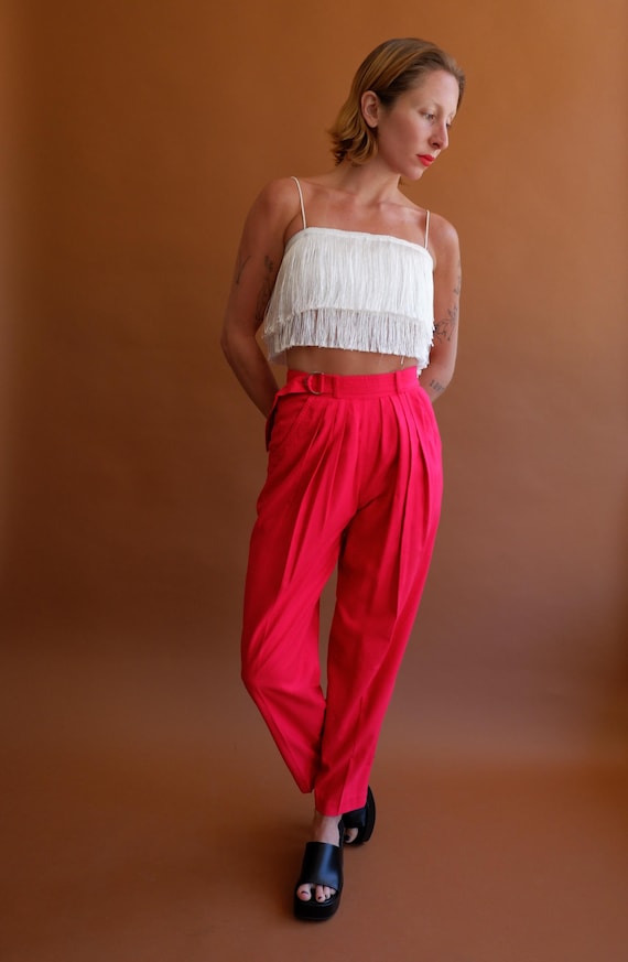 Vintage 90s Bright Pink Raw Silk Belted Trousers/ 1990s Cropped