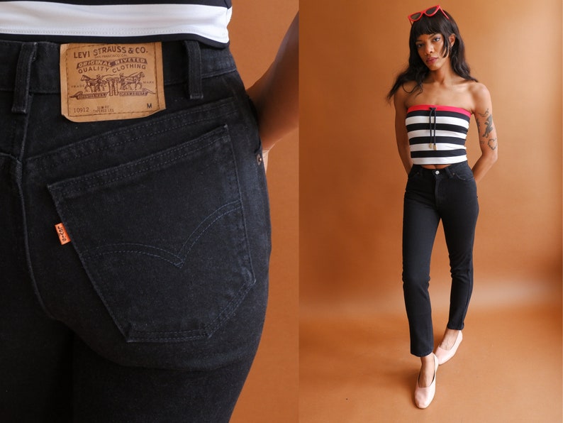 Vintage 80s Black Levis Jeans/ 1980s Orange Tab High Waisted Tapered Leg 5 912 Jeans/ made in USA size 26 image 1