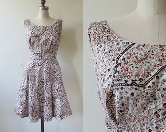 Vintage 50s Cotton Paisley Skater Dress with Rhinestone Detail/ 1950s Sleeveless Short Summer Dress/ Size Medium