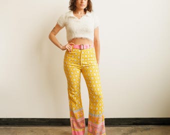 Vintage 70s Floral Belted Bell Bottom Pants/ Size XS 25