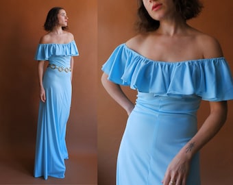 Vintage 70s Off The Shoulder Baby Blue Maxi Dress/Size Small
