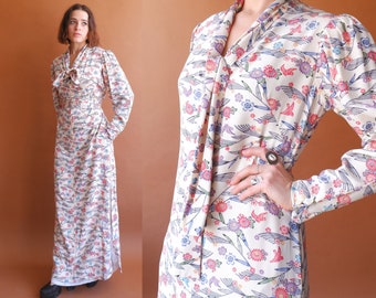 Vintage 70s Puff Sleeve Maxi Dress/ 1970s Kimono Crepe Rayon Bird Floral Dress/ Size Medium