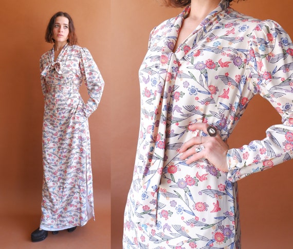 Vintage 70s Puff Sleeve Maxi Dress/ 1970s Kimono … - image 1