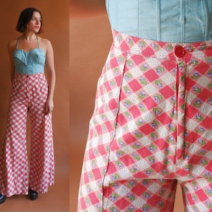 Vintage 70s Betsey Johnson ALLEY CAT Checked Wide Leg Pants/ 1970s High Waisted Cotton Bell Bottoms/ Size Small 27