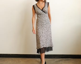 Vintage Silk Polka Dot Bias Cut Dress with Mesh Trim/ Size Medium Large