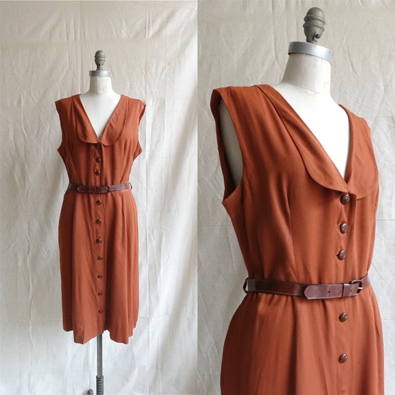 Vintage 40s Chestnut Rayon Dress/ 1940s Sleeveless