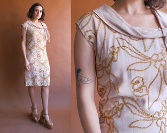 Vintage 50s Gold Soutache Floral Dress/ Size Small