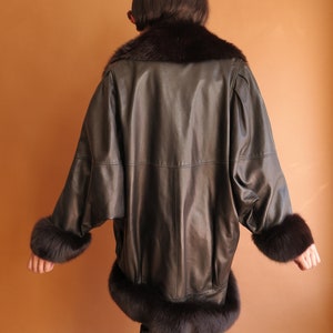 Vintage 80s Jean Claude Jitrois Leather and Fur Cocoon Coat/ Fox Fur Dolman Sleeve image 5