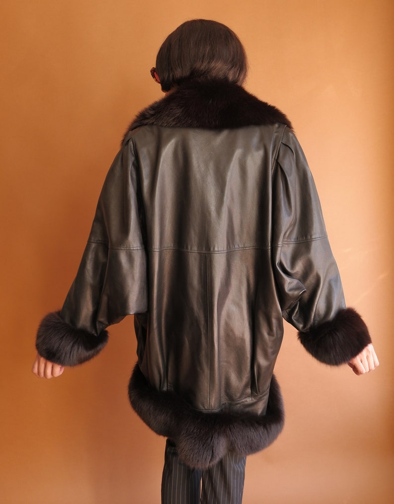 Vintage 80s Jean Claude Jitrois Leather and Fur Cocoon Coat/ Fox Fur Dolman Sleeve image 5
