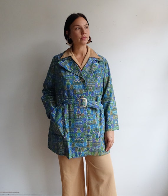 Vintage 60s Tapestry Print Jacket/ 1960s Belted Co
