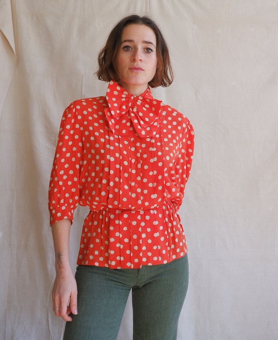 Vintage 80s Spotted Bow Blouse/ 1980s 