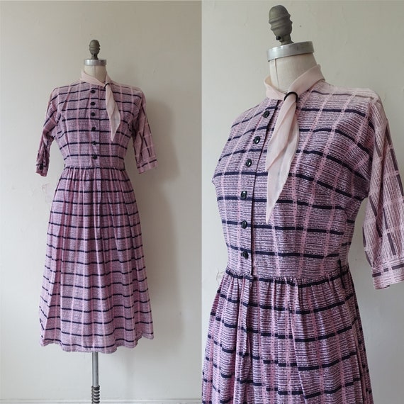 Vintage 40s Cotton Dress with Scarf Loop Collar/ … - image 1