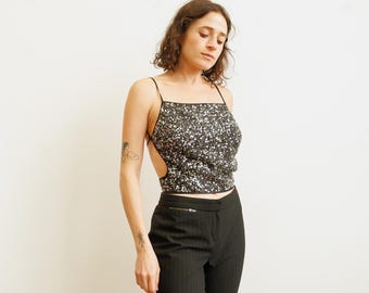 Vintage Y2K Sequined Backless Party Top/ Silver and Black/ Size Small Medium