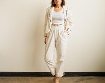 Vintage 70s White Cotton Naval Uniform Set/ 1970s Jacket and Pants/ Size XS 24
