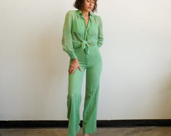Conjunto vintage de dos piezas de voile de algodón verde de los años 70 / Blusa Lanz de los años 70 y pantalón de pierna ancha / Talla XS