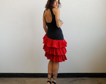 Vintage 80s Backless Bodycon Dress With Red Ruffle Skirt/ Size Medium
