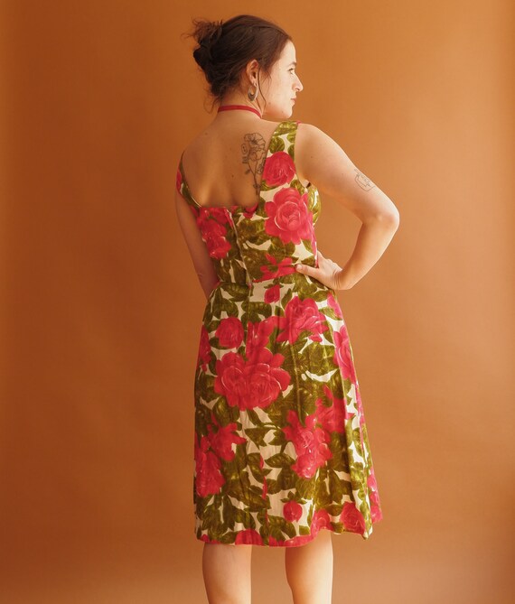 Vintage 50s Rose Print Cotton Dress/ 1950s Square… - image 5