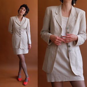 Vintage 90s Ecru Linen Skirt Suit/ 1990s Summer Suit/ Size Medium 28
