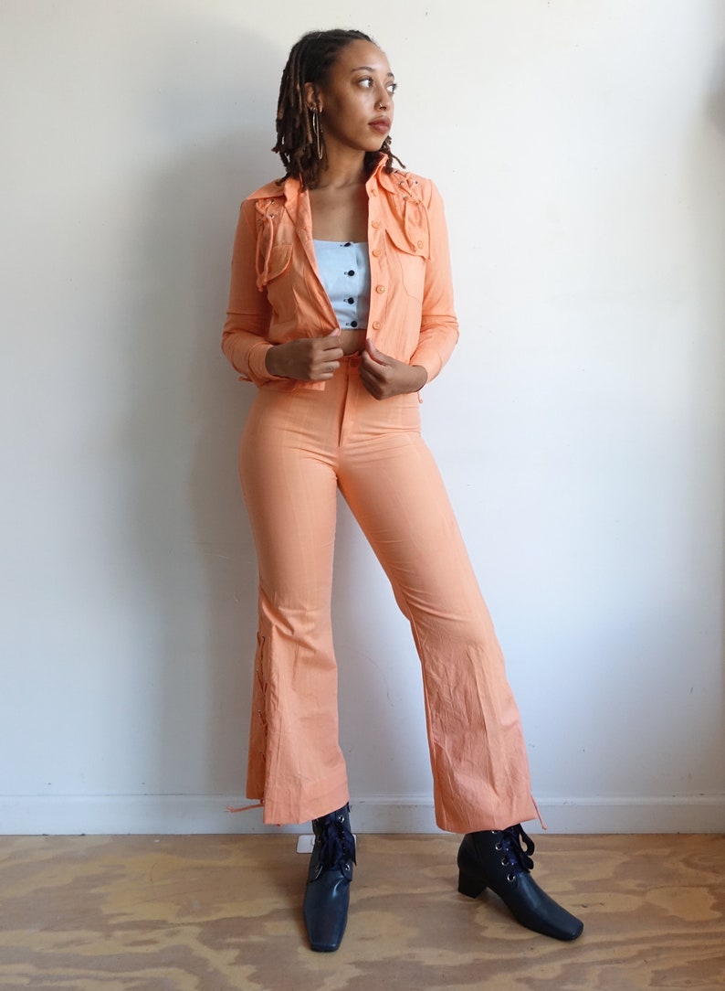 Vintage 70s Peach Lace Up Pants Suit/ 1970s Wendy Watts High Waisted Bell Bottoms/ Matching Jacket/ Stage Wear/ Size Small image 2