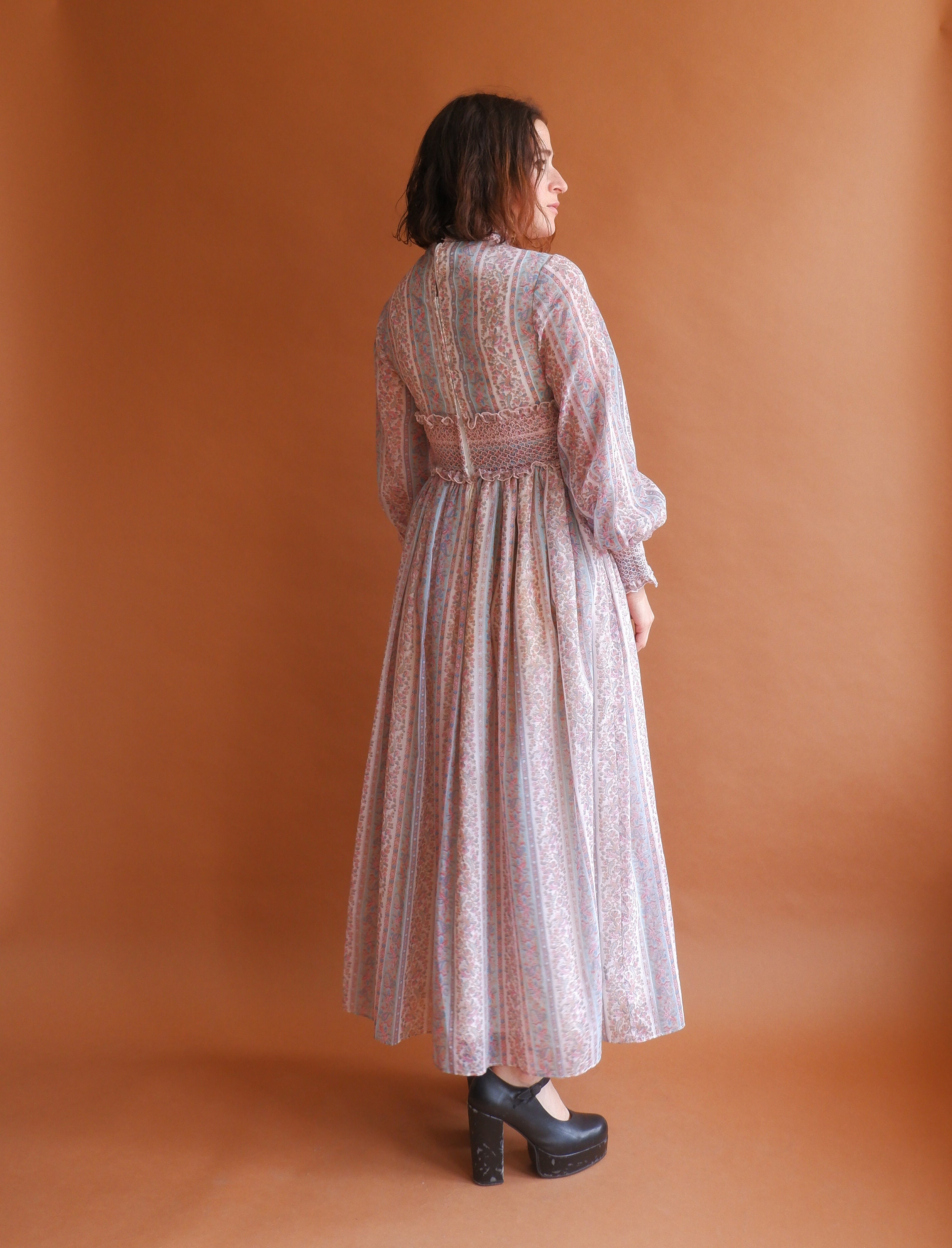 Vintage 70s Smocked Prairie Dress/ Long Sleeve Boho Floral