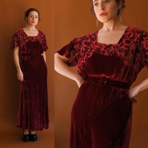 Vintage 30s Red Burnout Velvet Gown with Belt/ Size Large