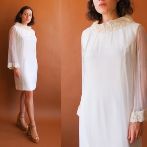 Vintage 70s White Angel Sleeve Shift Dress with Rhinestone Cuffs/ Size Medium