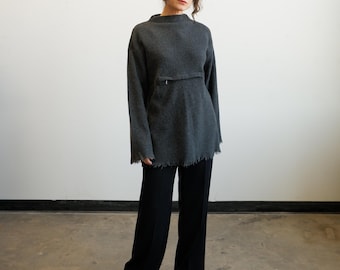 Vintage Charcoal Italian Wool Front Pocket Sweater/ L&F Fringe Sweater
