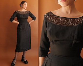 Vintage 50s Silk Rhinestone Cocktail Dress/1950s Fishnet Illusion Black Sheath Dress/ Size Small