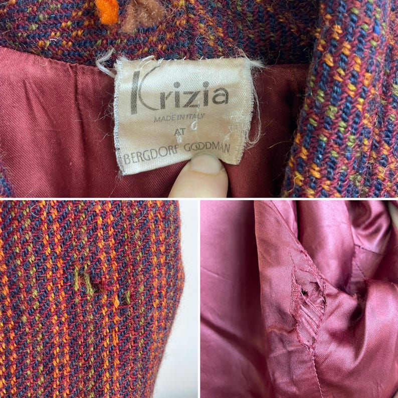 May include: A multi-colored tweed jacket featuring a woven pattern of orange, blue, and purple threads. The interior is lined with solid maroon fabric. A white label reads Krizia Made in Italy at Bergdorf Goodman. Visible wear includes frayed fabric.