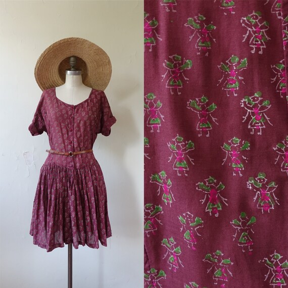 Vintage 80s Block Printed Indian Cotton Drop Waist