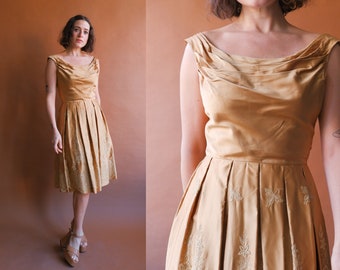 Vintage 50s Gold Satin Cocktail Dress with Draped Neckline/ Size XS Small 25
