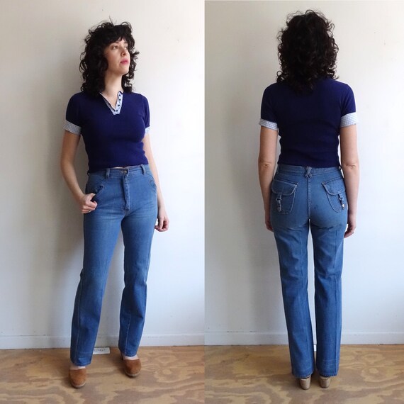 Vintage 70s Denim/ 1970s High Waisted Wide Leg Jea