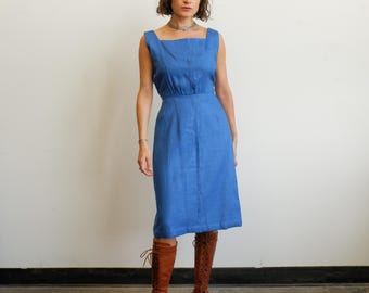 Vestido vintage de lino azul cobalto de los años 60 / talla mediana 29