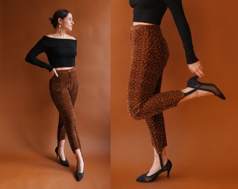 Vintage 80s Leopard Print Stirrup Corduroy Pants/ 1980s High Waisted Cigarette Pants/ Rockabilly / Size 27
