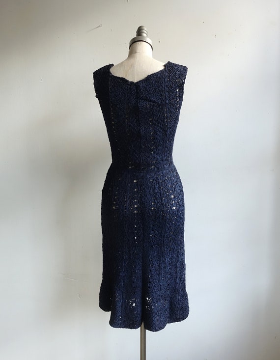 Vintage 40s 50s Navy Ribbon Dress/ 1940s Crochet … - image 6