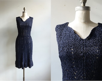 Vintage 40s 50s Navy Ribbon Dress/ 1940s Crochet Blue Dress/ Size Small