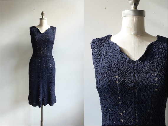 Vintage 40s 50s Navy Ribbon Dress/ 1940s Crochet … - image 1