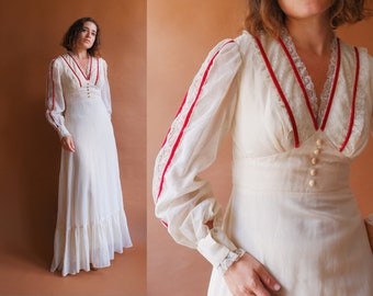 Vintage 70s Ivory Prairie Dress/ 1970s Gunne Sax Style Long Sleeve Dress with Red Trim/ Size XS