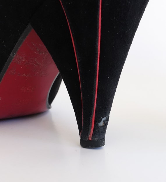 Vintage 80s Black Suede Winged Pumps with Red Pip… - image 6