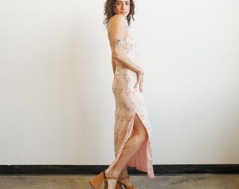 Vintage 90s Silk Embroidered Floral Maxi Dress with Spaghetti Straps/ Size XS Small