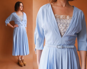 Vintage 50s Baby Blue Pleated Dress with Rhinestone Lace Yoke/ 1950s Spring Day Dress/ Size Small Medium 27