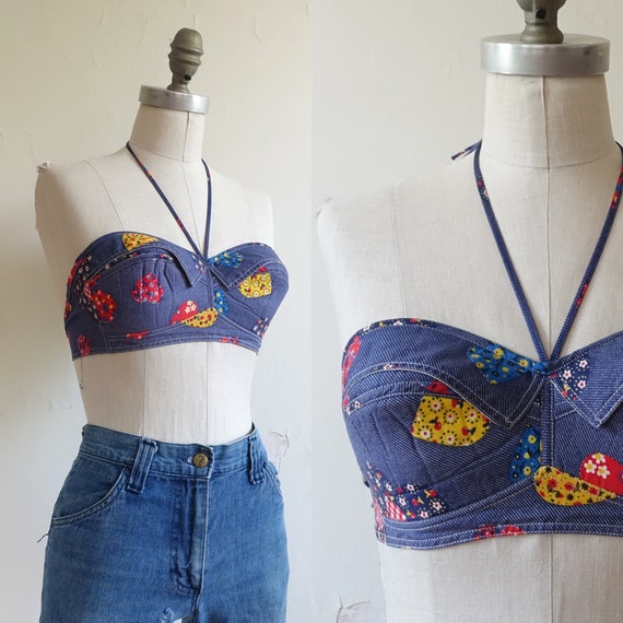 Vintage 50s 60s Denim Print Sun Top/ 1950s 1960s P