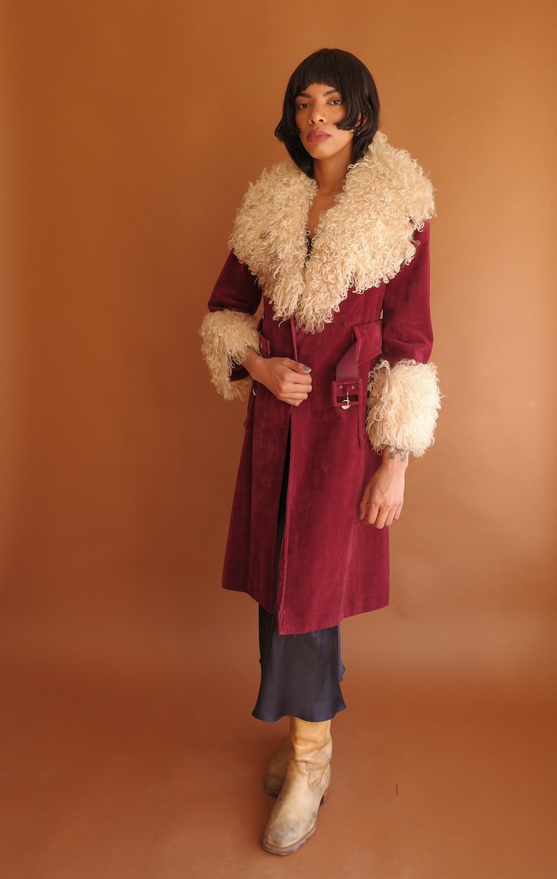 Vintage 70s Mongolian Lamb Fur Trim Coat/ 1970s Penny Lane Belted Jacket/ Size Medium image 5