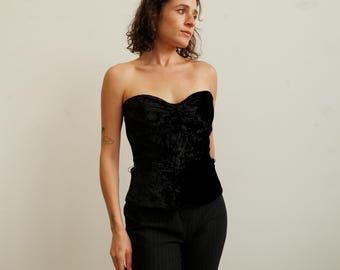 Vintage 90s Black Crushed Velvet Vamp Corset Top with Peplum Waist/ Size XS Small