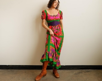 Vintage 70s Colorful Floral Scoop Neck Maxi Dress/ Size Small