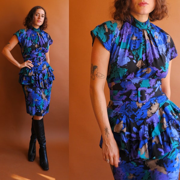 Vintage 80s Floral Peplum Belted Dress/ 1980s Rayon Mock Neck Dress/ Size XS Small