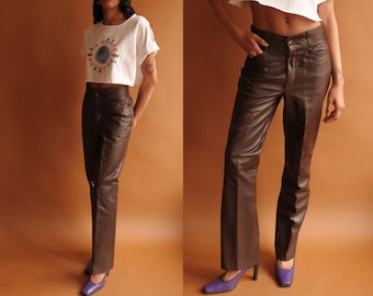 Vintage 70s Dark Brown Leather Pants/ 1970s High Waisted Straight Leg/ 32