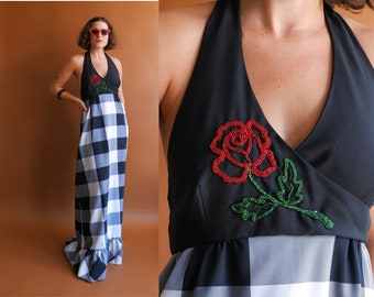 Vintage 70s Beaded Rose Halter Dress/ 1970s Black White Gingham Maxi Dress/ Size Small